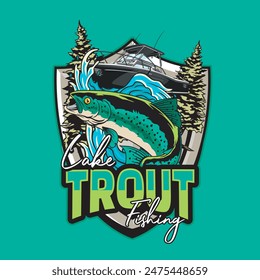 Vector Illustration of Lake Trout Fish with Boat and Waves in Nature View with Vintage Illustration Available for Fishing Logo