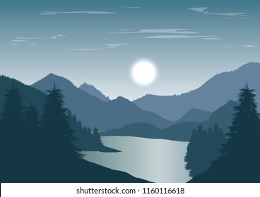 vector illustration of lake in the valley with pine forest and moutains