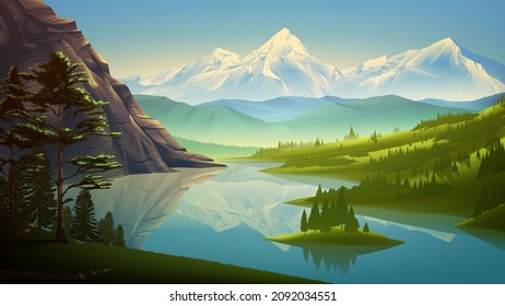 Vector illustration of a lake view with beautiful snow mountains