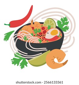 A Vector Illustration of Laksa Soup in a Black Bowl with Shrimp, Noodles, Egg, Lime, and Fresh Herbs