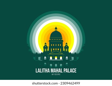 Vector illustration of Lalitha Mahal Palace. Illustration of famous statues and buildingsin moonlight, the color tone of the moonlight is based on the official flag of the country. Vector eps 10.
