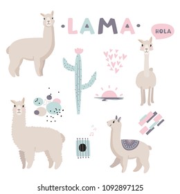 Vector illustration. Lama collection with cute objects, hearts, abstract patterns.