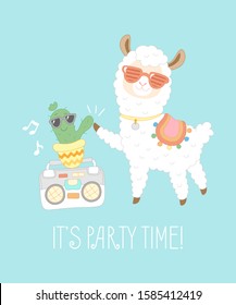 Vector illustration with a lama in glasses giving five to a cactus on a tape recorder, with the inscription "It's party time". Cheerful and bright illustration suitable for greeting cards, posters.