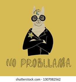 Vector illustration. Lama in jacket and glasses drawn by hand.