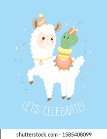 Vector illustration with a lama in a party hat, a cactus with a gift and confetti, with the inscription "let's celebrate". Cheerful and bright illustration suitable for greeting cards, posters.