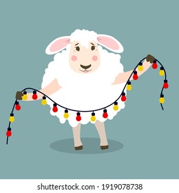 vector illustration of a lamb with a garland in hands. An illustration for a children's holiday or for the celebration of the New Year