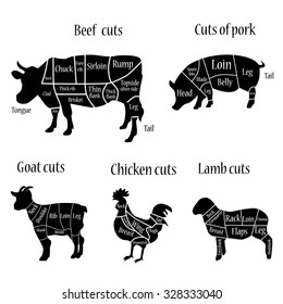 Vector illustration lamb, goat, chicken, cow and pork cuts diagram or chart. Chicken, pork, cow black silhouette. Chicken, cow, pork cuts butcher chart.