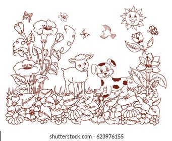 Vector illustration, lamb with a puppy playing in the meadow of flowers. The work is done manually. Coloring books antistress for adults and children. Brown and white.