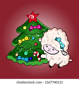 Vector illustration of a lamb sitting by a decorated New Year and Christmas tree with toys and a star on the background