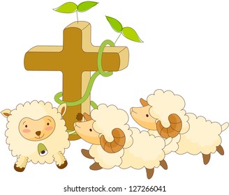 A vector illustration of lambs around a christian cross