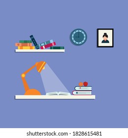 Vector illustration of Lamp, books and clock. Home study concept