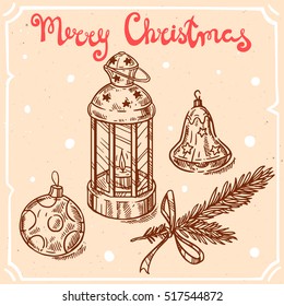 Vector illustration of lamp with candle, tree branch,text Merry Christmas on the background with abstract paper texture,retro frame. Linear art in vintage style for your design.