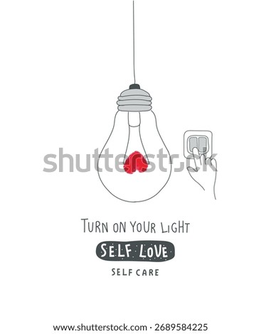 Vector illustration of lamp with light of self love. Turn on your light of Self love.  Practice love, believe in the power of love,  hope, calmness. Thinking positive.
