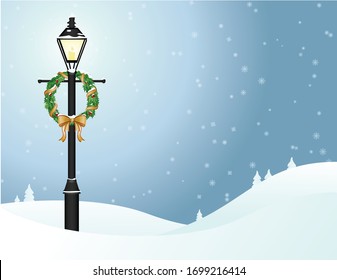 A Vector Illustration Of A Lamp Post Decorated With A Christmas Wreath In A Winter Landscape