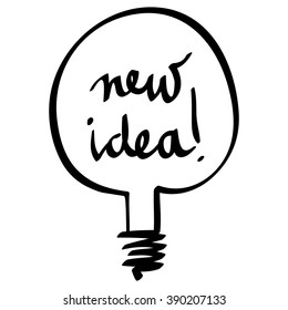 vector illustration of lamp with words 'new idea!', sketch, outlines, isolated design element