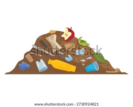Vector illustration of landfill unsorted garbage pile flat style isolated on white background ideal for environmental awareness pollution recycling or waste themed creative design