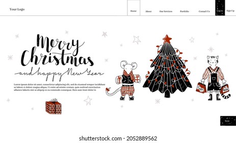 Vector illustration of a landing, home page layout with text. Drawn design of site with animals, mouse, cat, Christmas tree, gifts, buttons is depicted. Concept Christmas, New Year, celebration.