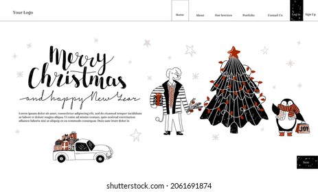 Vector illustration of landing, home page layout with text. Drawn design of site with animals, penguin, dog, truck, Christmas tree, gifts, buttons is depicted. Concept Christmas, New Year, celebration