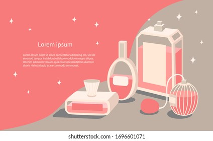Vector illustration for landing page with 3d stylized perfume bootles and place for text isolated on pink background. Flat cartoon style. For web pages, banners, poster design, cosmetics industry. 
