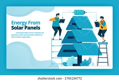 Vector illustration of landing page of alternative energy with solar panel electric distribution technology for battery charging. Design for website, banner, mobile apps, poster, brochure, template