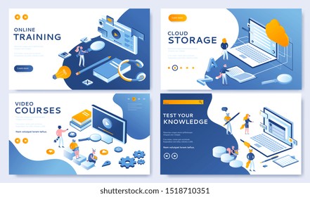 Vector illustration of Landing page design templates. Set for Cloud Library, Online Education, Video Tutorials and Online testing.  Modern concepts easy to edit and customize for websites