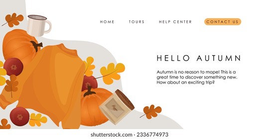 Vector illustration. Landing page design, autumn mood, hello autumn, design for landing page, flyer, banner. Cozy autumn.