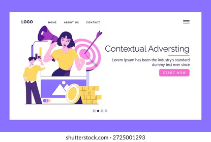 Vector illustration of a landing page design for contextual advertising. Features two individuals with one holding a megaphone and the other checking data charts, highlighting digital marketing