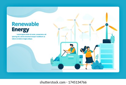 Vector illustration of landing page of electric car battery charging stations with green energy from wind power plants. Design for website, web, banner, mobile apps, poster, brochure, template