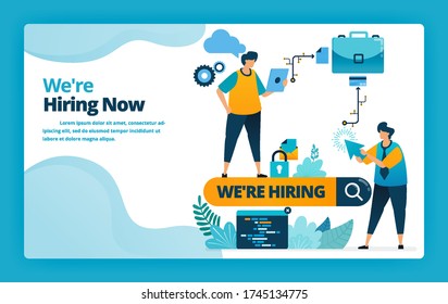 Vector illustration of landing page of hiring the best workers and employees with job promotions and ads in search engines. Design for website, web, banner, mobile apps, poster, brochure, template