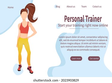 Vector Illustration Of A Landing Page Layout, Sports Girl, Healthy Lifestyle, Fitness, Personal Trainer, Coaching Online,Training Concept. Poster, Banner, Advertising, Website.