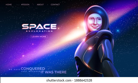 vector illustration for a landing page template of the lady astronaut in a spacesuit is smiling with happiness with the background of the massive universe