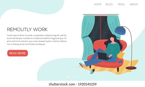 Vector illustration landing page or template with cozy and cute living room interior with girl with her laptop. She works or study night in her home.
