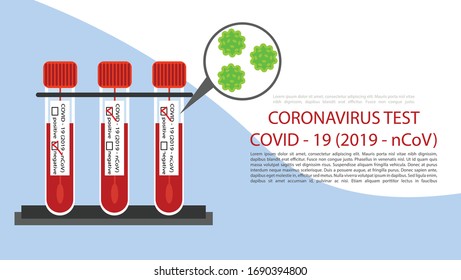 Ilustración vectorial de una página de inicio con tubos de ensayo para el virus de la corona. Esta imagen puede ser usada para sitios informativos, banners y otras cosas.