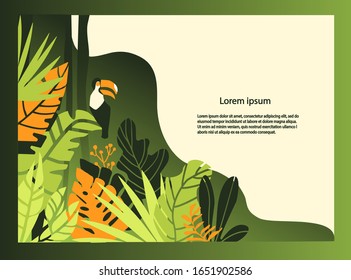 Ilustración vectorial para la página de aterrizaje con paisaje tropical, hojas y tocan. Estilo de caricatura. Para libros infantiles, banners web, diseño plano, afiche. La pistola verde y amarilla. Todos los elementos están aislados