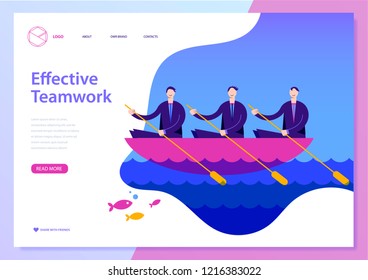 Vector illustration. Landing page for website. Teamwork concept, leadership with characters. 3 businessmen in boat. Sticker for web banner. 