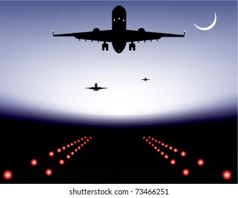 vector illustration of landing plane over runway