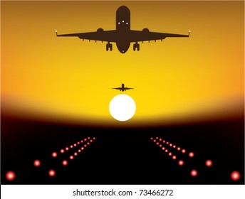 vector illustration of landing plane over runway at sunset