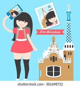 Vector illustration with landmark in Barcelona, Spain and backpacker girl with phone in flat material style. Love Travel. 