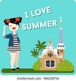 Vector illustration with landmark in Barcelona and tourist girl in flat material style and letters. I love summer.