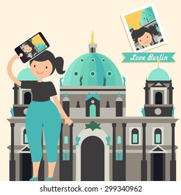 Vector illustration with landmark in Berlin, Germany and backpacker girl with phone in flat material style. Love Travel. 