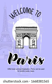 Vektorillustration Illustration, ein Wahrzeichen von Frankreich - Arc de Triomphe. Text willkommen in Paris. Länderkarte. Layout für Etiketten, Banner, Drucke für thematische Nachrichten Beiträge über Reisen, Freizeit, Freizeit.