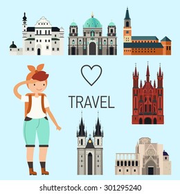 Vector illustration with landmarks and backpacker girl in flat material style. Euro trip. Love Travel. 