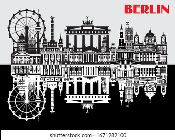 Vector illustration of landmarks of Berlin, Germany. Monochrome isolated illustration. Berlin travel concept. Horizontal illustration of landmarks of Berlin with reflection in water.Stock illustration