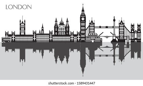 Vector illustration of landmarks of London with reflection. City Skyline vector illustration isolated on white background. Panoramic monochrome silhouette illustration of landmarks of London, England.