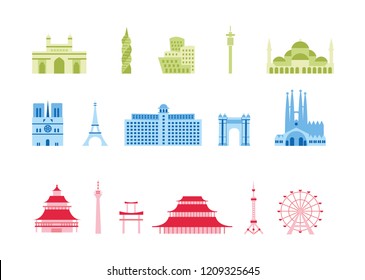 Vector illustration of landmarks and monuments from around the world including famous buildings, towers, churches and other temples.