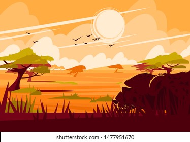 vector illustration of landscape of the African Savannah,typical African trees in the savanna, silhouette muzzle of a predatory cat in the foreground