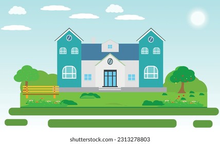 Vector illustration landscape background. banner for sales, advertising house, cottage with trees. Offer of home purchase. Rental of Real Estate. Vector flat design, urban landscape.