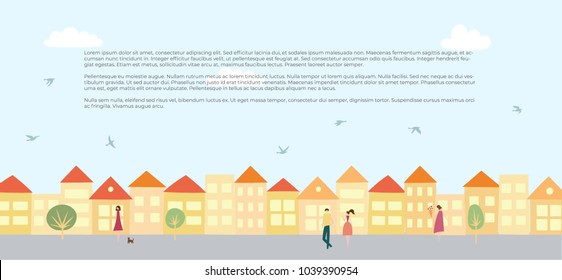 Vector illustration of landscape background with blue sky, birds, walking people with text place. Colorful town house, cottage and assorted real estate buildings. For print, card, flyer, poster 