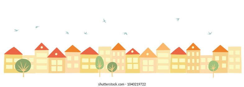 Vector illustration of landscape background with blue sky, birds, walking people with text place. Colorful town house, cottage and assorted real estate buildings. For print, card, flyer, poster 