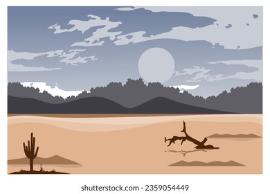 
vector illustration of landscape background, dry season, desert, dead plant.